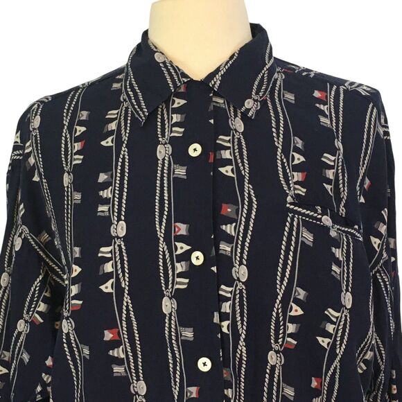 Espirit Sport Vintage 80s Navy Blue Nautical Print Button Front Shirt,‎ Top sz S - Picture 2 of 10